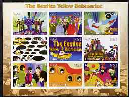 Eritrea 2003 The Beatles Yellow Submarine #2 imperf sheetlet containing set of 9 (horizontal) values unmounted mint, stamps on personalities, stamps on entertainments, stamps on music, stamps on pops, stamps on beatles, stamps on submarines