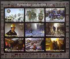 Congo 2003 Fire Engines of New York - Remembering September 11th imperf sheetlet containing 9 values each with Rotary Logo, unmounted mint, stamps on fire, stamps on rotary