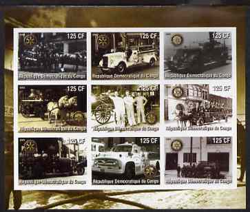 Congo 2003 Old Fire Engines imperf sheetlet containing 9 values each with Rotary Logo, unmounted mint, stamps on fire, stamps on rotary, stamps on horses