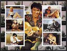 Benin 2003 Elvis & Marilyn imperf sheetlet containing 6 values unmounted mint, stamps on music, stamps on personalities, stamps on elvis, stamps on entertainments, stamps on films, stamps on cinema, stamps on marilyn monroe, stamps on motorbikes, stamps on martial-arts