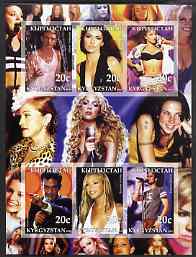 Kyrgyzstan 2003 Pop Stars #1 imperf sheetlet containing 6 values unmounted mint (Justine Timberlake, Shania Twain, Britney Spears, Robbie Williams, Beyonce & Enrique Iglessias), stamps on , stamps on  stamps on personalities, stamps on  stamps on entertainments, stamps on  stamps on music, stamps on  stamps on pops