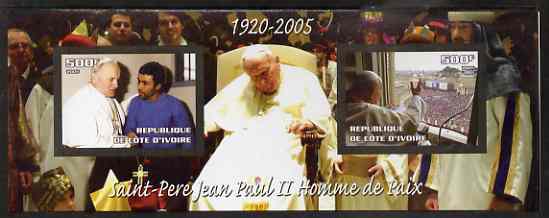 Ivory Coast 2005 Death of Pope John Paul II imperf s/sheet #1 containing 2 values unmounted mint, stamps on , stamps on  stamps on personalities, stamps on  stamps on pope, stamps on  stamps on religion, stamps on  stamps on death