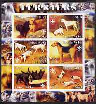 Eritrea 2003 Paintings of Terriers imperf sheetlet containing set of 6 values each with Scouts Logo, unmounted mint, stamps on , stamps on  stamps on arts, stamps on  stamps on dogs, stamps on  stamps on scouts
