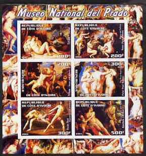 Ivory Coast 2003 Nude Paintings from the Prado National Museum imperf sheetlet containing 6 values unmounted mint (showing works by Titian x 2, Rubens x 2, Reni & Carracc..., stamps on arts, stamps on nudes, stamps on titian, stamps on rubens, stamps on renaissance