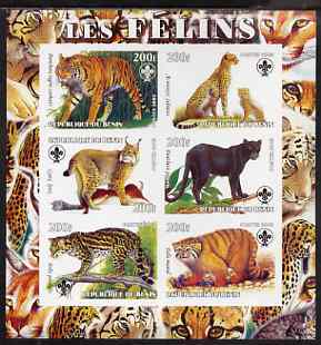 Benin 2003 Wild Cats imperf sheetlet containing 6 values each with Scouts Logo, unmounted mint, stamps on , stamps on  stamps on cats, stamps on  stamps on animals, stamps on  stamps on tigers, stamps on  stamps on scouts