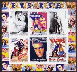 Benin 2003 Elvis Presley Film Posters imperf sheetlet containing 6 values unmounted mint, stamps on , stamps on  stamps on personalities, stamps on  stamps on elvis, stamps on  stamps on music, stamps on  stamps on films, stamps on  stamps on movies, stamps on  stamps on motorbikes