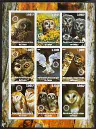 Congo 2003 Owls imperf sheetlet containing 9 values each with Rotary Logo unmounted mint, stamps on birds, stamps on birds of prey, stamps on rotary, stamps on owls