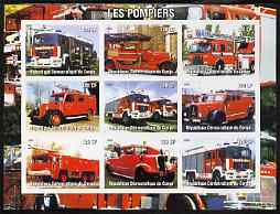 Congo 2004 Fire Engines #1 imperf sheetlet containing 9 x 120CF values, unmounted mint, stamps on , stamps on  stamps on fire