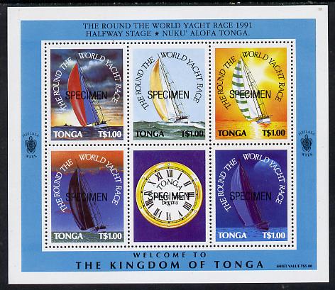 Tonga 1991 Round the World Yacht Race m/sheet (5 vals plus label showing clock face) opt'd SPECIMEN unmounted mint as SG MS 1129, stamps on , stamps on  stamps on clocks, stamps on  stamps on ships, stamps on  stamps on yachting, stamps on  stamps on sailing