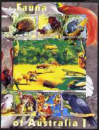 Kyrgyzstan 2004 Fauna of the World - Australia #1 imperf sheetlet containing 6 values unmounted mint, stamps on , stamps on  stamps on animals, stamps on  stamps on kangaroos, stamps on  stamps on parrots, stamps on  stamps on birds, stamps on  stamps on reptiles, stamps on  stamps on koalas, stamps on  stamps on bears, stamps on  stamps on 