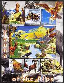 Kyrgyzstan 2004 Fauna of the World - Alps imperf sheetlet containing 6 values unmounted mint, stamps on animals, stamps on birds, stamps on birds of prey, stamps on snakes, stamps on reptiles, stamps on deer, stamps on dogs, stamps on bernard, stamps on eagles, stamps on snake, stamps on snakes, stamps on 