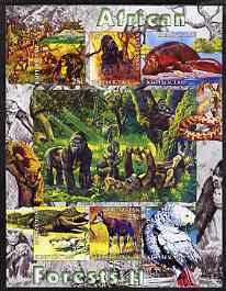 Kyrgyzstan 2004 Fauna of the World - African Forests #2 imperf sheetlet containing 6 values unmounted mint, stamps on , stamps on  stamps on animals, stamps on  stamps on apes, stamps on  stamps on snakes, stamps on  stamps on reptiles, stamps on  stamps on parrots, stamps on  stamps on crocodiles, stamps on  stamps on hippos, stamps on  stamps on snake, stamps on  stamps on snakes, stamps on  stamps on 