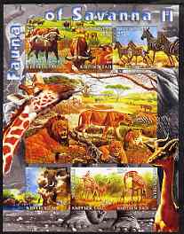 Kyrgyzstan 2004 Fauna of the World - Savanna #2 imperf sheetlet containing 6 values unmounted mint, stamps on , stamps on  stamps on animals, stamps on  stamps on elephants, stamps on  stamps on lions, stamps on  stamps on cats, stamps on  stamps on zebras, stamps on  stamps on giraffes, stamps on  stamps on bison, stamps on  stamps on bovine, stamps on  stamps on zebra