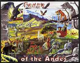 Kyrgyzstan 2004 Fauna of the World - Andes imperf sheetlet containing 6 values unmounted mint, stamps on animals, stamps on birds, stamps on birds of prey, stamps on cats, stamps on 