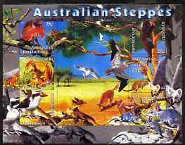 Kyrgyzstan 2004 Fauna of the World - Australian Steppes imperf sheetlet containing 6 values unmounted mint, stamps on , stamps on  stamps on animals, stamps on  stamps on kangaroos, stamps on  stamps on dogs, stamps on  stamps on dingos, stamps on  stamps on birds