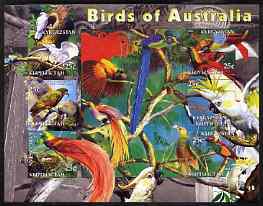 Kyrgyzstan 2004 Fauna of the World - Birds of Australia imperf sheetlet containing 6 values unmounted mint, stamps on , stamps on  stamps on animals, stamps on  stamps on parrots, stamps on  stamps on birds, stamps on  stamps on paradise, stamps on  stamps on 