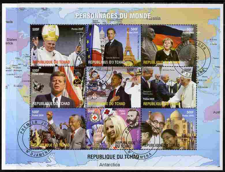 Chad 2009 World Personalities perf sheetlet containing 9 values cto used, stamps on personalities, stamps on kennedy, stamps on obama, stamps on gandhi, stamps on usa presidents, stamps on mandela, stamps on red cross, stamps on pope, stamps on eiffel tower, stamps on maps, stamps on dunant, stamps on nobel