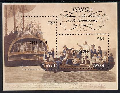 Tonga 1989 Bicentenary of Mutany on Bounty m/sheet opt'd SPECIMEN, as SG MS 1035 unmounted mint, stamps on , stamps on  stamps on explorers, stamps on  stamps on personalities, stamps on  stamps on ships, stamps on  stamps on bligh