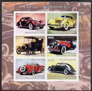 Benin 2003 Classic Automobiles imperf sheetlet containing 6 values unmounted mint, stamps on , stamps on  stamps on cars, stamps on  stamps on talbot, stamps on  stamps on cord, stamps on  stamps on ford, stamps on  stamps on mercedes, stamps on  stamps on lincoln