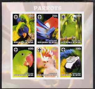 Benin 2003 Parrots #1 imperf sheetlet containing 6 values each with Scouts Logo, unmounted mint, stamps on scouts, stamps on birds, stamps on parrots