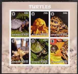 Benin 2003 Turtles #1 imperf sheetlet containing 6 values each with Scouts Logo, unmounted mint, stamps on , stamps on  stamps on scouts, stamps on  stamps on reptiles, stamps on  stamps on turtles, stamps on  stamps on tortoises