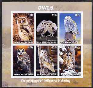 Benin 2003 Owls #1 imperf sheetlet containing 6 values unmounted mint, stamps on , stamps on  stamps on birds, stamps on  stamps on birds of prey, stamps on  stamps on owls