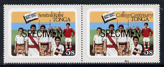 Tonga 1982 Rugby Team 5s se-tenant bi-lingual pair from College Centenary self-adhesive set opt'd SPECIMEN unmounted mint, as SG 825-26, stamps on , stamps on  stamps on education, stamps on  stamps on self adhesive, stamps on  stamps on rugby