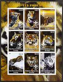 Congo 2004 Tigers imperf sheetlet containing 9 values each with Scout Logo unmounted mint, stamps on , stamps on  stamps on animals, stamps on  stamps on cats, stamps on  stamps on tigers, stamps on  stamps on scouts