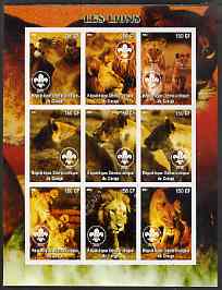 Congo 2004 Lions imperf sheetlet containing 9 values each with Scout Logo unmounted mint, stamps on , stamps on  stamps on animals, stamps on  stamps on cats, stamps on  stamps on lions, stamps on  stamps on scouts