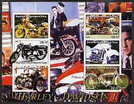 Congo 2004 Harley Davidson #1 imperf sheetlet containing 6 values (with Elvis in background) unmounted mint, stamps on , stamps on  stamps on motorbikes, stamps on  stamps on elvis, stamps on  stamps on music, stamps on  stamps on personalities