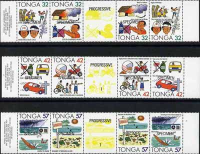 Tonga 1991 Accident Prevention set of 12 optd SPECIMEN (se-tenant bi-lingual strips) unmounted mint, as SG 1117-28, stamps on accident, stamps on environment, stamps on medical, stamps on transport, stamps on motorbikes, stamps on fire, stamps on alcohol