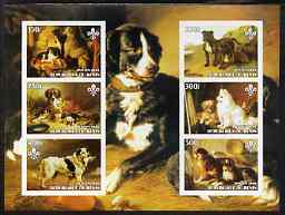 Benin 2003 Paintings of Dogs imperf sheetlet containing 6 values each with Scouts Logo unmounted mint, stamps on , stamps on  stamps on scouts, stamps on  stamps on dogs, stamps on  stamps on arts