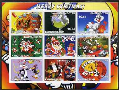 Kyrgyzstan 2002 Looney Tunes Merry Christmas #1 imperf sheetlet containing 9 values unmounted mint, stamps on , stamps on  stamps on films, stamps on  stamps on movies, stamps on  stamps on cartoons, stamps on  stamps on entertainments, stamps on  stamps on christmas