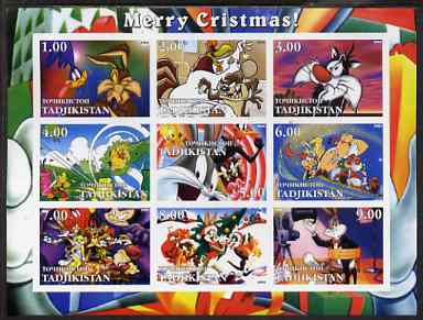 Tadjikistan 2002 Looney Tunes Merry Christmas imperf sheetlet containing 9 values unmounted mint, stamps on films, stamps on movies, stamps on cartoons, stamps on entertainments, stamps on christmas, stamps on golf