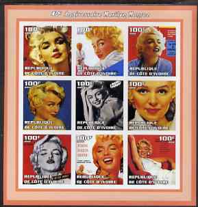 Ivory Coast 2002 Marilyn Monroe 40th Death Anniversary #3 imperf sheetlet containing 9 values unmounted mint, stamps on films, stamps on cinema, stamps on entertainments, stamps on music, stamps on personalities, stamps on marilyn monroe, stamps on women