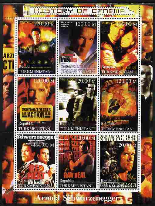 Turkmenistan 2000 History of the Cinema - Arnold Schwarzenegger perf sheetlet containing 9 values unmounted mint. Note this item is privately produced and is offered pure..., stamps on cinema, stamps on films, stamps on movies, stamps on personalities