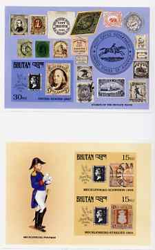 Bhutan 1990 150th Anniversary of Penny Black - Private Post Stamps & Postman imperf m/sheets mounted in Folder entitled Your Proofs from the House of Questa, ex Governmen..., stamps on stamp centenary, stamps on stamp on stamp, stamps on postman, stamps on stamp exhibitions, stamps on stamponstamp