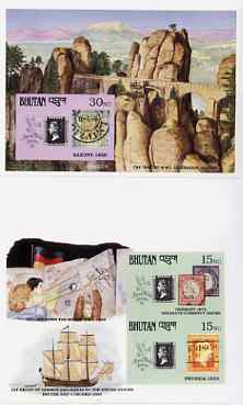 Bhutan 1990 150th Anniversary of Penny Black - Berlin Wall & the Baster, Saxony imperf m/sheets mounted in Folder entitled Your Proofs from the House of Questa, ex Govern..., stamps on stamp centenary, stamps on stamp on stamp, stamps on ships, stamps on bridges, stamps on stamp exhibitions, stamps on stamponstamp