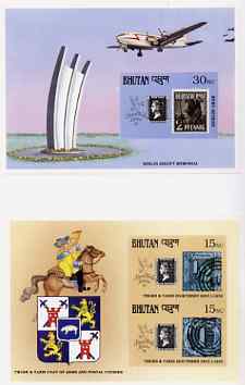 Bhutan 1990 150th Anniversary of Penny Black - Berlin Airlift & Thurn & Taxis Arms imperf m/sheets mounted in Folder entitled Your Proofs from the House of Questa, ex Gov..., stamps on stamp centenary, stamps on stamp on stamp, stamps on aviation, stamps on arms, stamps on heraldry, stamps on stamp exhibitions, stamps on stamponstamp