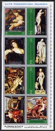 Ajman 1972 Nude Paintings from the Old Pinakothek (2) imperf sheetlet containing 8 values unmounted mint Mi 2529-36B, stamps on nudes, stamps on arts
