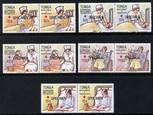 Tonga 1988 Red Cross set of 10 (5 bi-lingual pairs) opt'd SPECIMEN, as SG 1022-31 unmounted mint, stamps on , stamps on  stamps on medical, stamps on  stamps on red cross, stamps on  stamps on nurses, stamps on  stamps on teddy bears