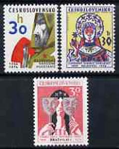 Czechoslovakia 1974 Anniversaries set of 3 (30th Anniversary Slovak Uprising, 25th Anniversary of Sluk Folk Song & Dance Ensemble, 25th Anniversary Bratislava Academy of Music & Dramatic Art), unmounted mint SG2173-75, stamps on costumes, stamps on theatre, stamps on dancing, stamps on militaria