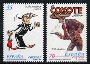 Spain 1999 Comic Strip Characters (Dona Urraca & El Coyote) set of 2 unmounted mint, SG3579-80, stamps on , stamps on  stamps on literature, stamps on  stamps on cartoons, stamps on  stamps on umbrellas, stamps on  stamps on militaria