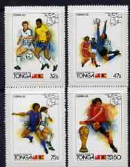 Tonga 1982 World Cup Football self-adhesive set of 4 optd SPECIMEN, as SG 809-12 (blocks or gutter pairs pro rata) unmounted mint, stamps on football, stamps on sport, stamps on self adhesive