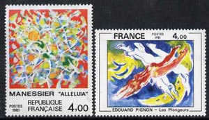 France 1981 Philatelic Creations set of 2 unmounted mint (The Divers by Pignon and Alleluia by Manessier), SG2434-35, stamps on , stamps on  stamps on arts, stamps on  stamps on sport, stamps on  stamps on diving