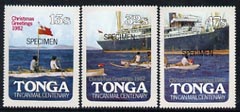 Tonga 1982 Christmas (opt on Tin Can Mail) self-adhesive set of 3 opt'd SPECIMEN, as SG 831-33 (blocks or gutter pairs with Postal Slogans pro rata) unmounted mint, stamps on , stamps on  stamps on christmas, stamps on  stamps on postal, stamps on  stamps on ships, stamps on  stamps on self adhesive