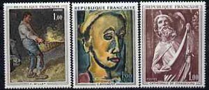 France 1971 French Art set of 3 unmounted mint, SG1908-1910, stamps on arts, stamps on millet, stamps on agriculture, stamps on sculptures