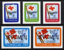 Tonga 1981 International Year of the Disabled self-adhesive set of 5 opt'd SPECIMEN, as SG 780-84 (blocks or gutter pairs with Red Cross pro rata) unmounted mint, stamps on , stamps on  stamps on disabled, stamps on  stamps on flags, stamps on  stamps on medical, stamps on  stamps on red cross, stamps on  stamps on self adhesive