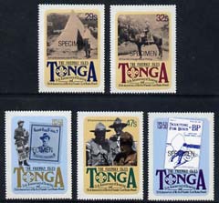 Tonga 1982 75th Anniversary of Scouting self-adhesive set of 5 opt'd SPECIMEN, as SG 803-07 unmounted mint (blocks or gutter pairs pro rata) , stamps on , stamps on  stamps on scouts, stamps on  stamps on self adhesive