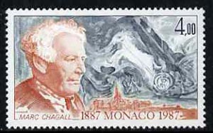 Monaco 1987 Marc Chagall 4f from Anniversaries set unmounted mint, SG1845, stamps on , stamps on  stamps on arts, stamps on  stamps on chagall